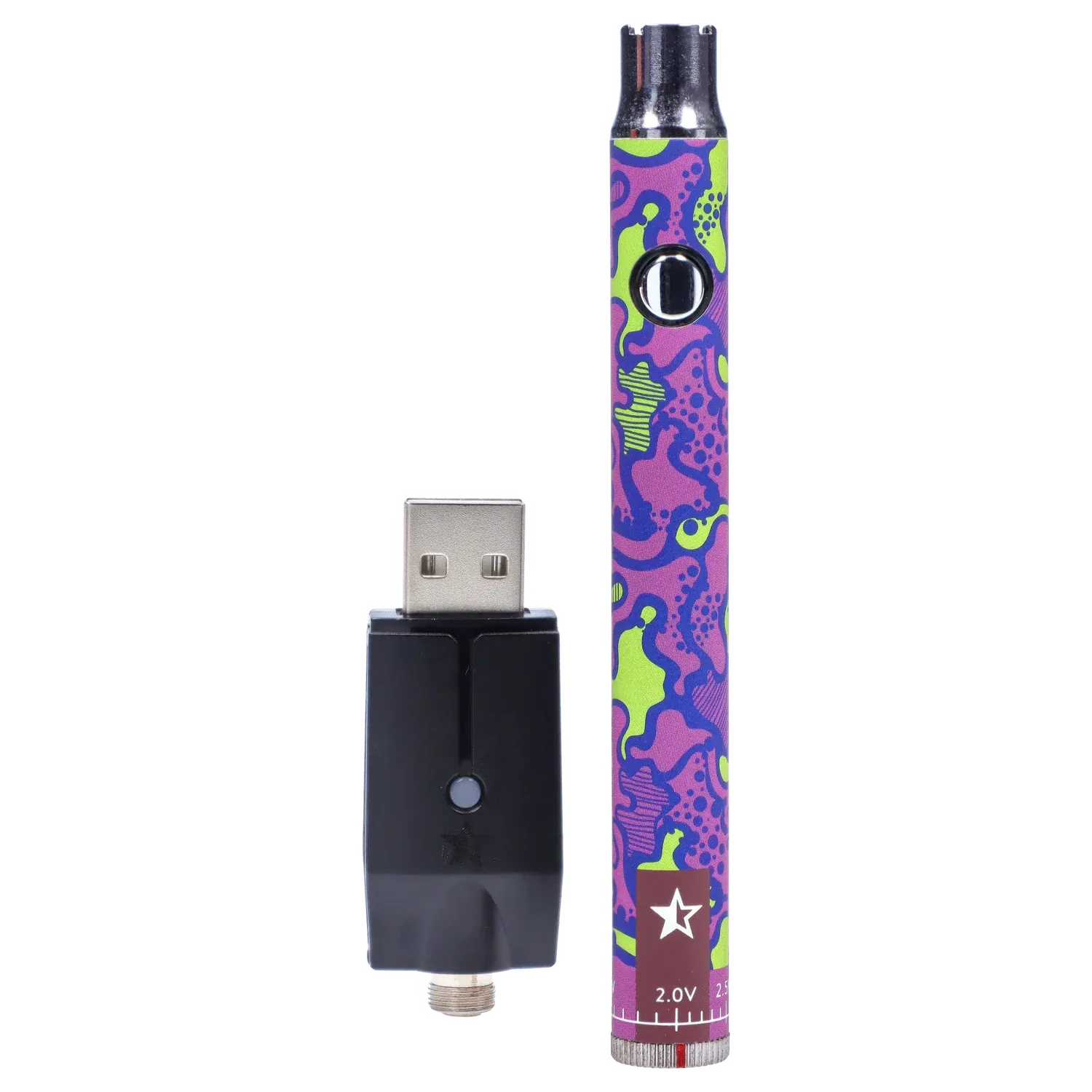 Vertical close-up of the colorful Famous Design Lit Sticc VV Battery - Mixed Design standing next to its black USB charger.