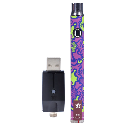 Vertical close-up of the colorful Famous Design Lit Sticc VV Battery - Mixed Design standing next to its black USB charger.