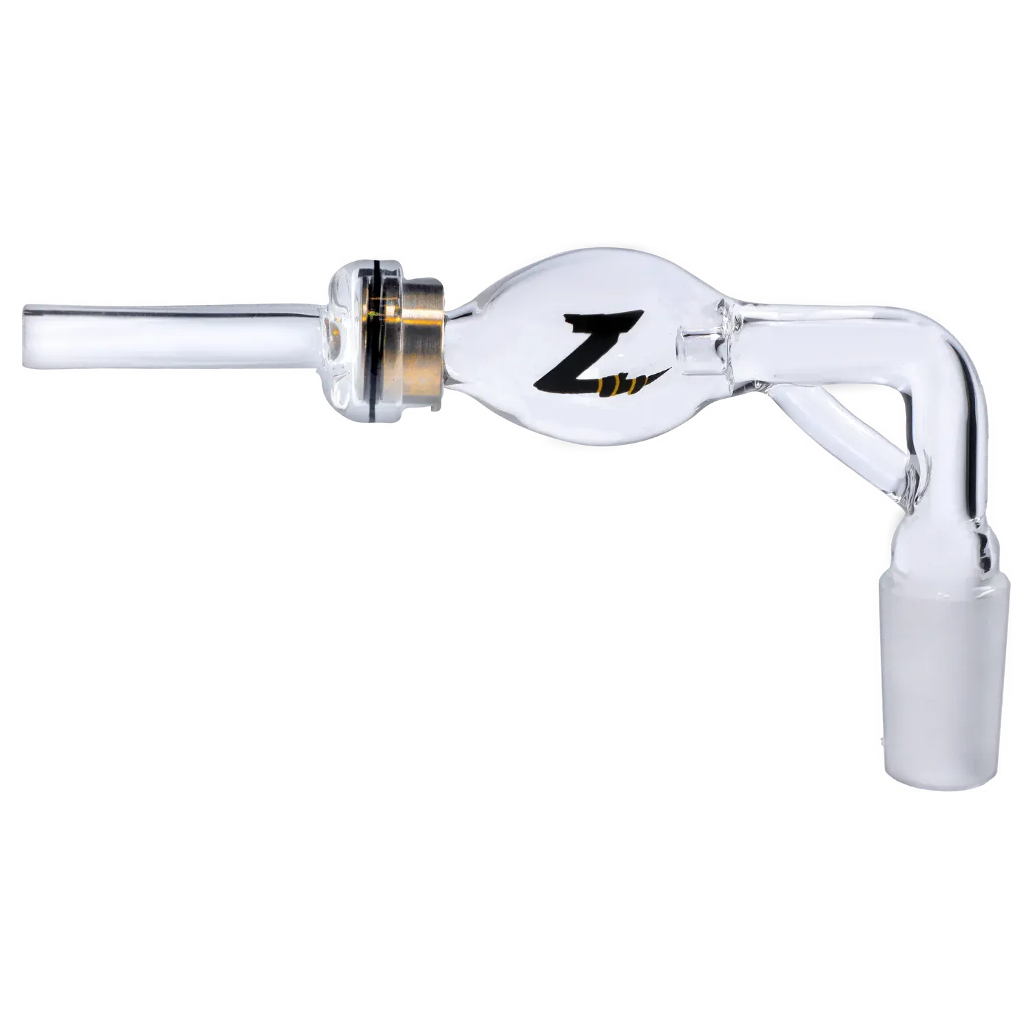 Side profile of the Dopezilla Stinger Dabbing Straw - 90 Degree - Female 14mm showing a clear glass 90-degree joint and bulb with a black "Z" logo against a white background