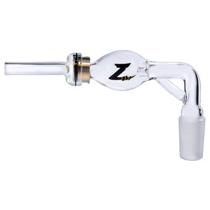 Side profile of the Dopezilla Stinger Dabbing Straw - 90 Degree - Female 14mm showing a clear glass 90-degree joint and bulb with a black "Z" logo against a white background