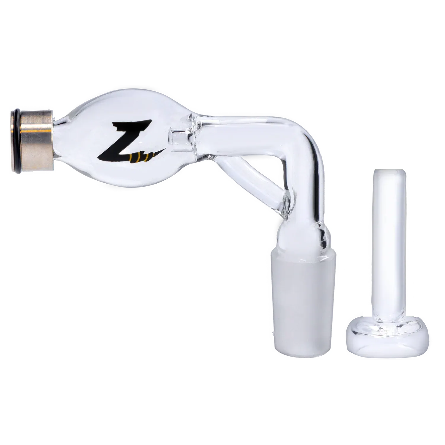 Side view of a clear glass Dopezilla Stinger Dabbing Straw - 90 Degree - Female 14mm with a bulbous head, angled neck, and black "Z" logo on a white background.