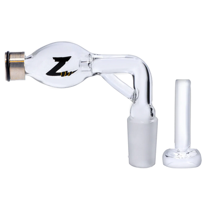 Side view of a clear glass Dopezilla Stinger Dabbing Straw - 90 Degree - Female 14mm with a bulbous head, angled neck, and black "Z" logo on a white background.