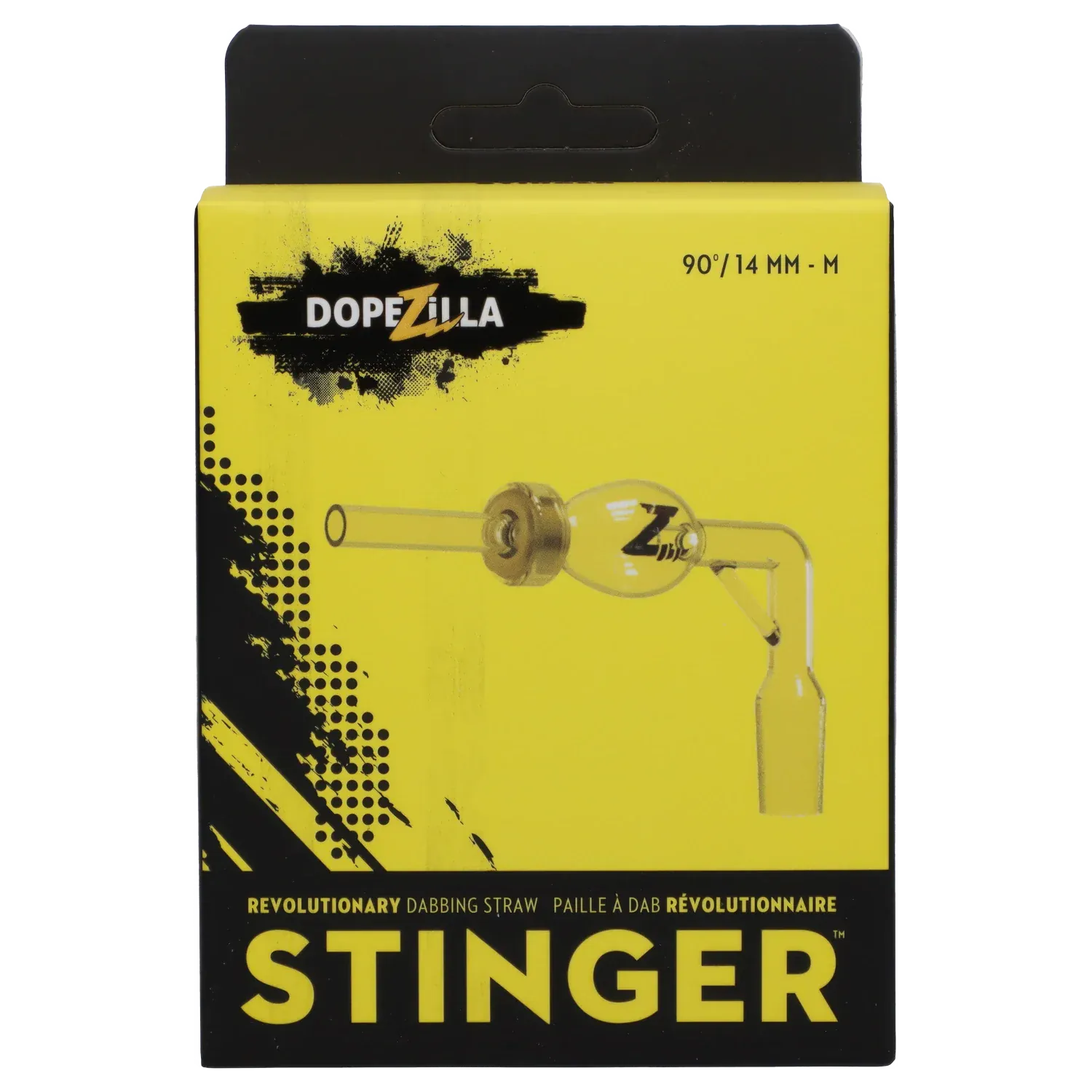 Front-facing yellow and black packaging showing an illustrated glass straw and joint, labeled Dopezilla Stinger Dabbing Straw - 90 Degree - Female 14mm.