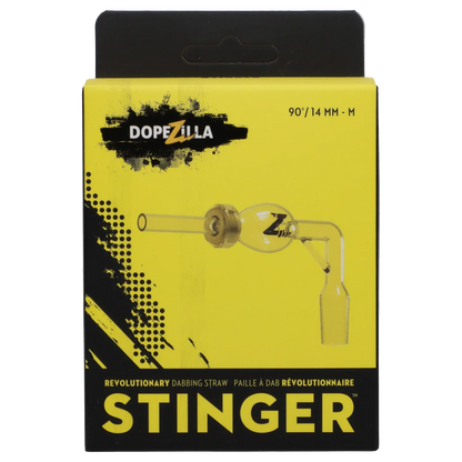Front-facing yellow and black packaging showing an illustrated glass straw and joint, labeled Dopezilla Stinger Dabbing Straw - 90 Degree - Female 14mm.