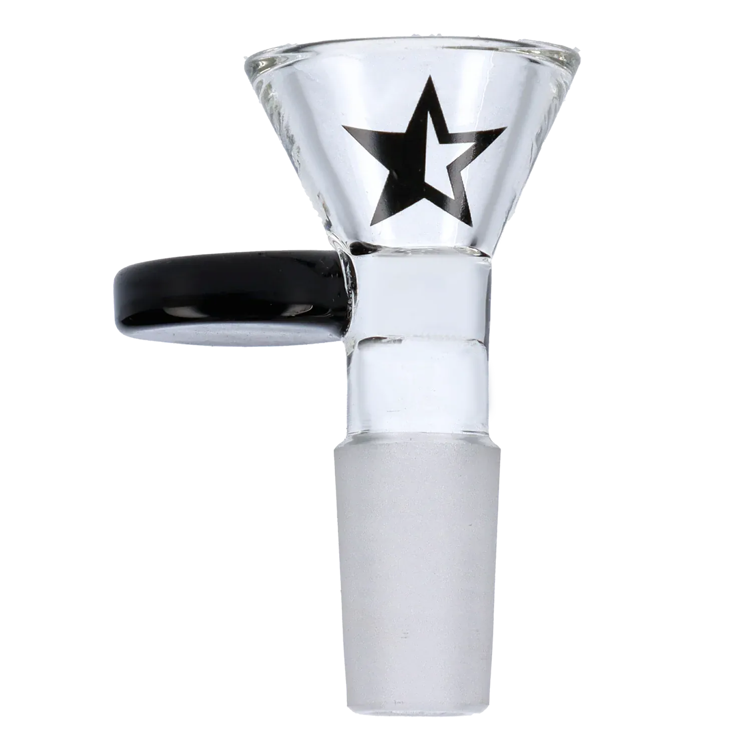Side profile of the Bowl w/Star showing the clear glass funnel with a black star decal and a short black handle.