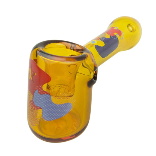 Front view of the 5-inch Famous Design Papaya Hammer Pipe, showing a yellow glass pipe with a unique curved shape.