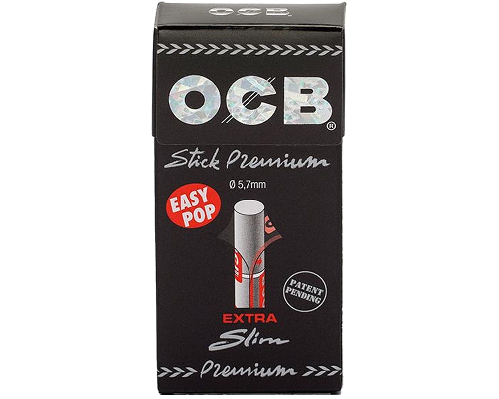 Close-up of an OCB Black Premium Extra Slim Filter Stick against a plain white background.