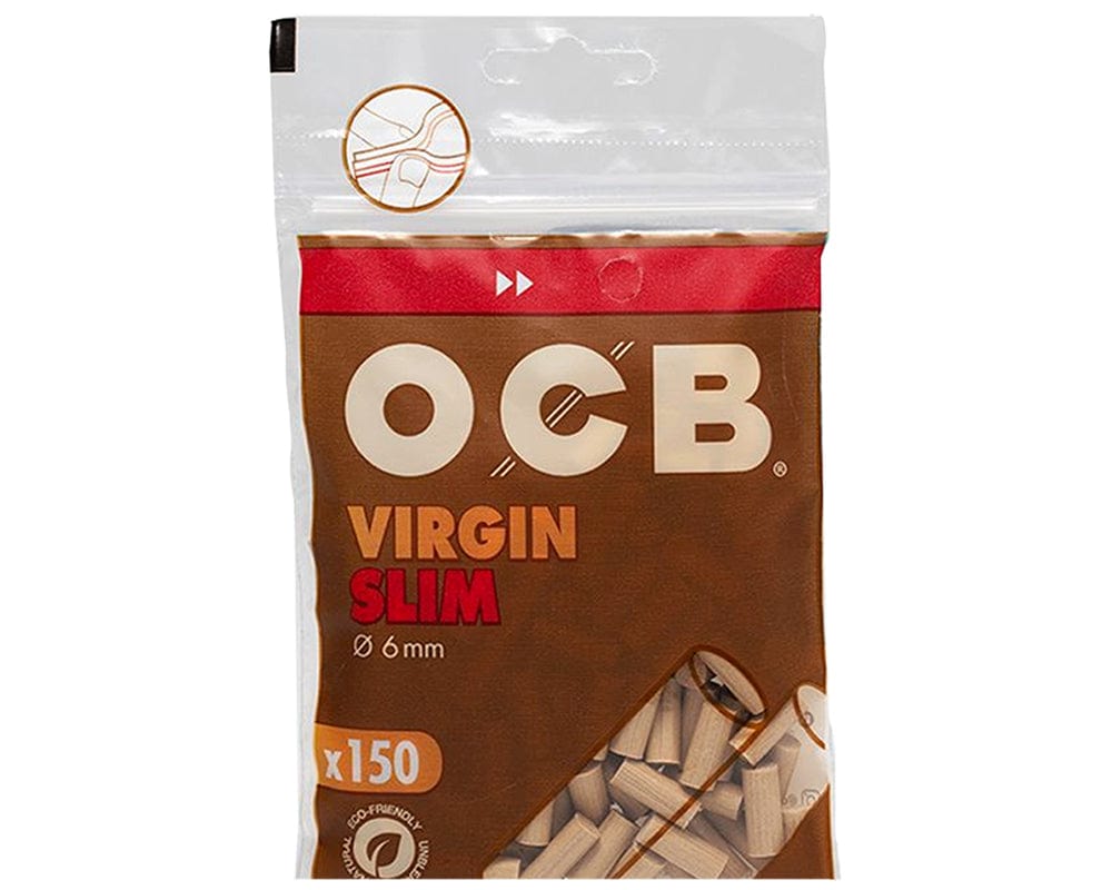 A close-up shot of OCB Unbleached Slim Filter Tips stacked neatly in their packaging, revealing a natural, unbleached paper texture.