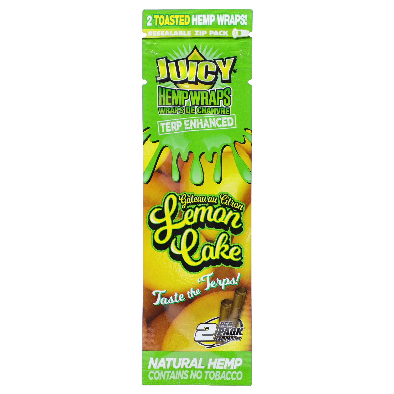 Tall front-facing pack showing bright green dripping graphics over yellow lemons with the full product name Juicy Jays - Terp Enhanced Hemp Wrap Lemon Cake - 2/pack - 25/box visible at the top.