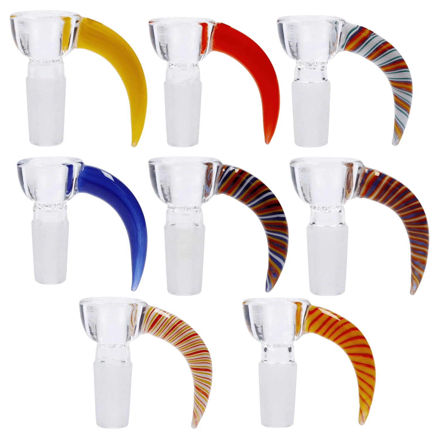 A studio shot of the Round Bowl with Coloured Hook Handle - Assorted, showcasing the glass bowls with vibrant colored handles against a plain white backdrop.