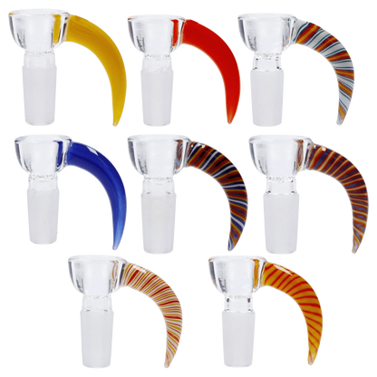 A studio shot of the Round Bowl with Coloured Hook Handle - Assorted, showcasing the glass bowls with vibrant colored handles against a plain white backdrop.