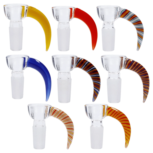 A studio shot of the Round Bowl with Coloured Hook Handle - Assorted, showcasing the glass bowls with vibrant colored handles against a plain white backdrop.