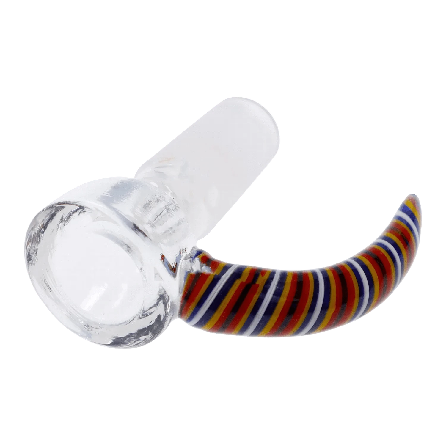 A side view of the Round Bowl with Coloured Hook Handle, showcasing its clear glass construction and vibrant, curved handle.