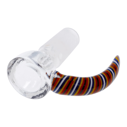 A side view of the Round Bowl with Coloured Hook Handle, showcasing its clear glass construction and vibrant, curved handle.