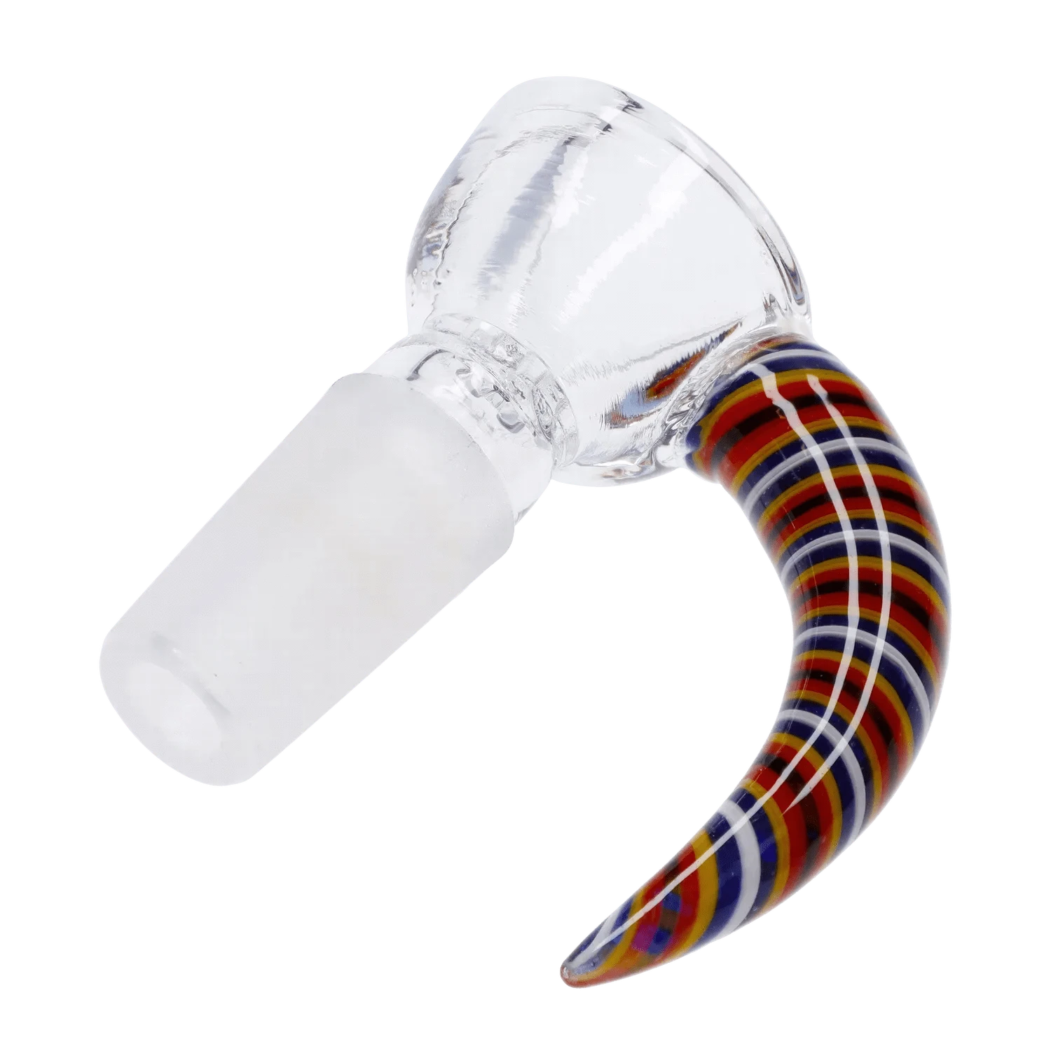 A side view of the Round Bowl with Coloured Hook Handle - Assorted, featuring a clear glass bowl with a colorful, curved handle.