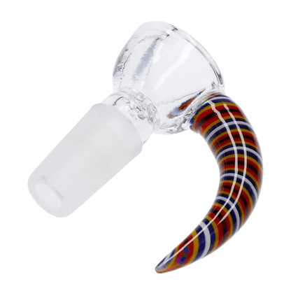 A side view of the Round Bowl with Coloured Hook Handle - Assorted, featuring a clear glass bowl with a colorful, curved handle.