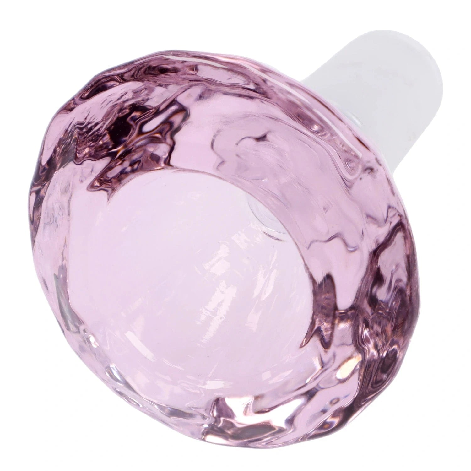 Top-down close-up of the pink Valiant Wide Diamond Bowl - Pink - Male 14mm showing its glossy, faceted rim and tapered frosted joint.