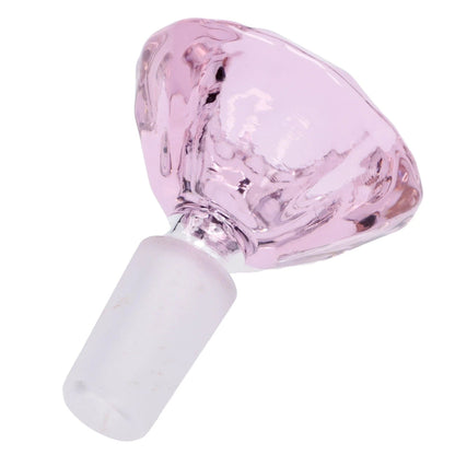 Close-up angled view of the pink Valiant Wide Diamond Bowl - Pink - Male 14mm showing its faceted glass head and frosted male joint