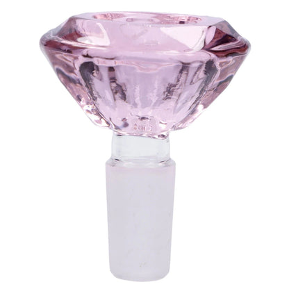Close-up front view of the Valiant Wide Diamond Bowl - Pink - Male 14mm showing a faceted pink glass bowl atop a frosted male joint.