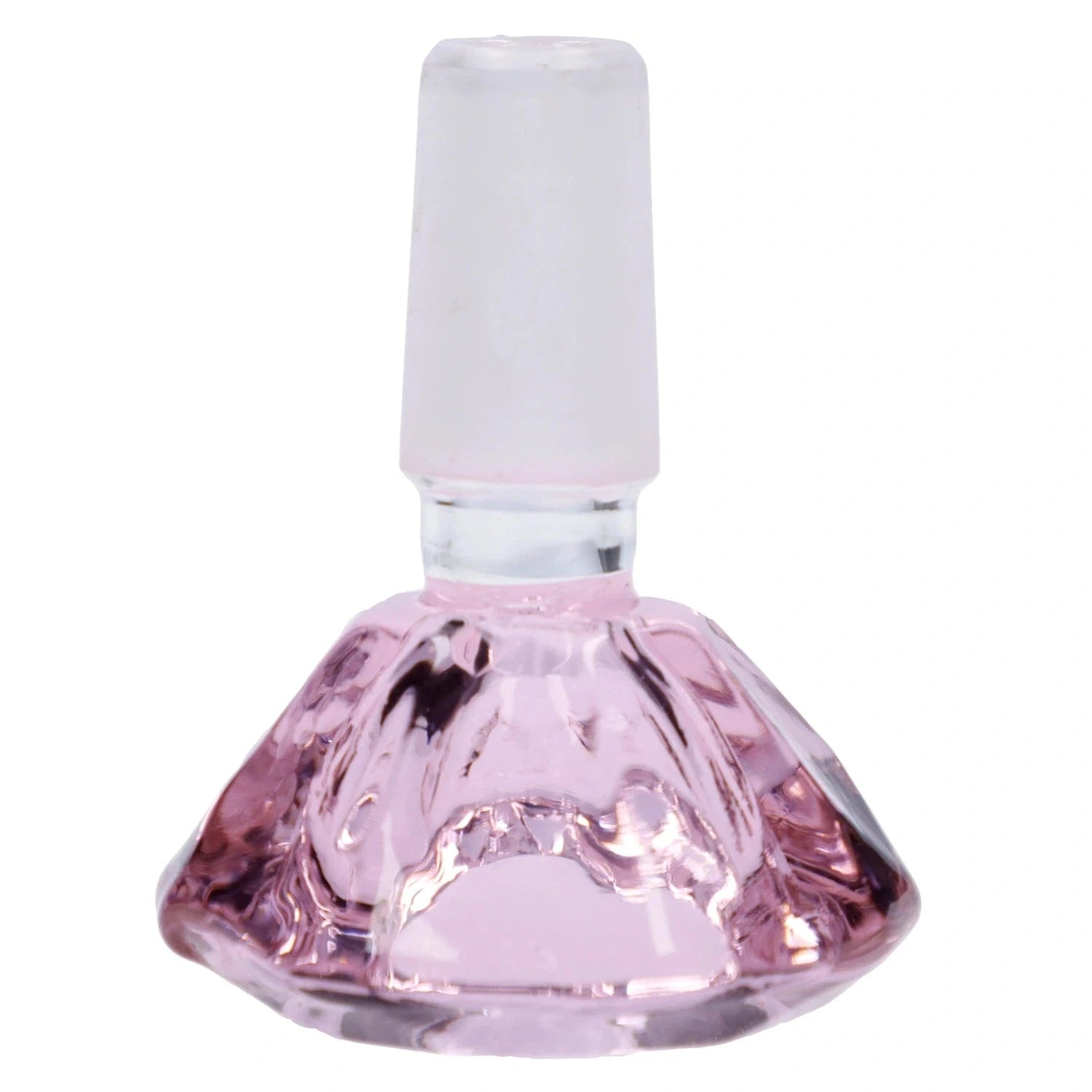 Close-up front view of the pink Valiant Wide Diamond Bowl - Pink - Male 14mm showing its faceted glass base and frosted male joint against a white background