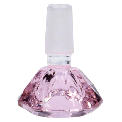 Close-up front view of the pink Valiant Wide Diamond Bowl - Pink - Male 14mm showing its faceted glass base and frosted male joint against a white background