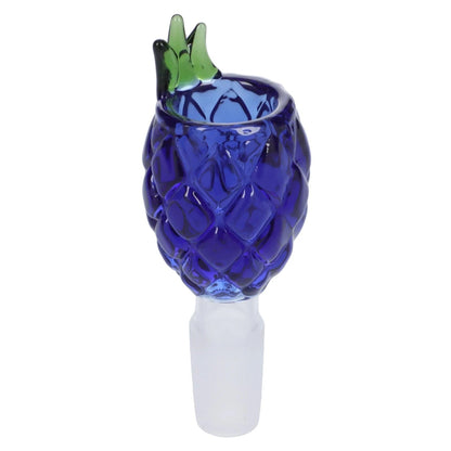 Close-up front view of a blue glass Valiant Pineapple Herb Bowl - Blue - Male 14mm shaped like a textured pineapple with green glass leaves.