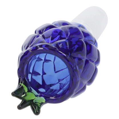 Close-up angled view of the blue Valiant Pineapple Herb Bowl - Blue - Male 14mm showing textured pineapple-like glass bumps and a green leafy tip.