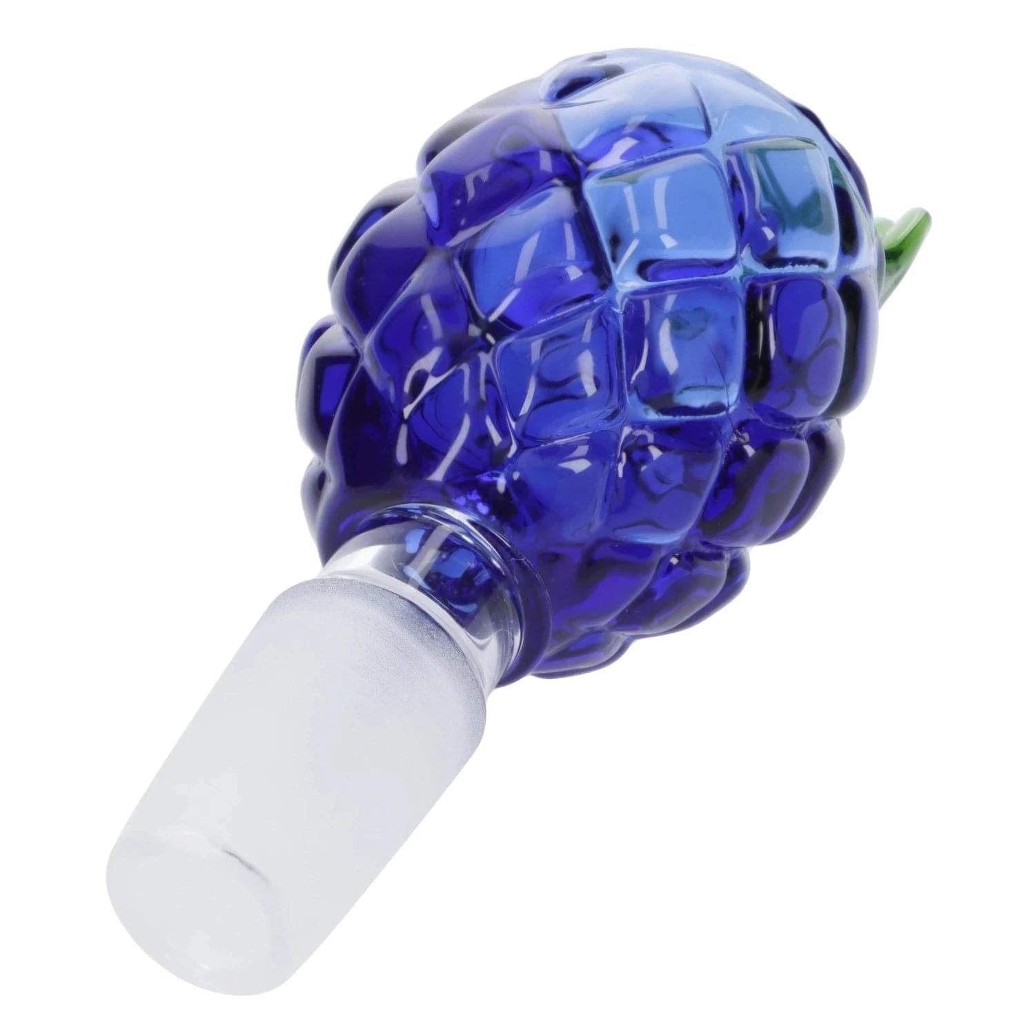 Close-up angled view of the blue Valiant Pineapple Herb Bowl - Blue - Male 14mm showing its faceted pineapple texture and frosted 14mm male joint.