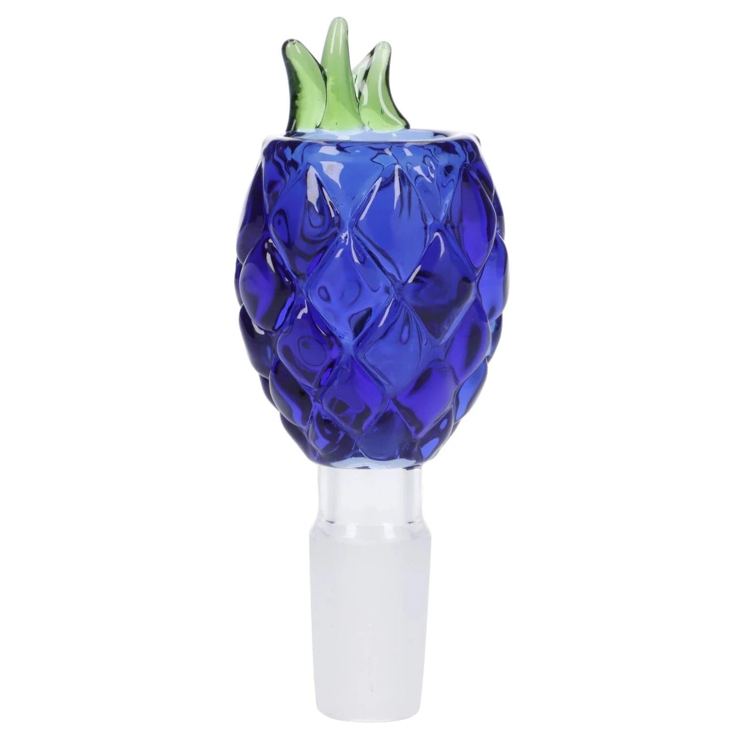 Centered close-up of the blue glass Valiant Pineapple Herb Bowl - Blue - Male 14mm showing its textured pineapple pattern and green glass crown against a white background