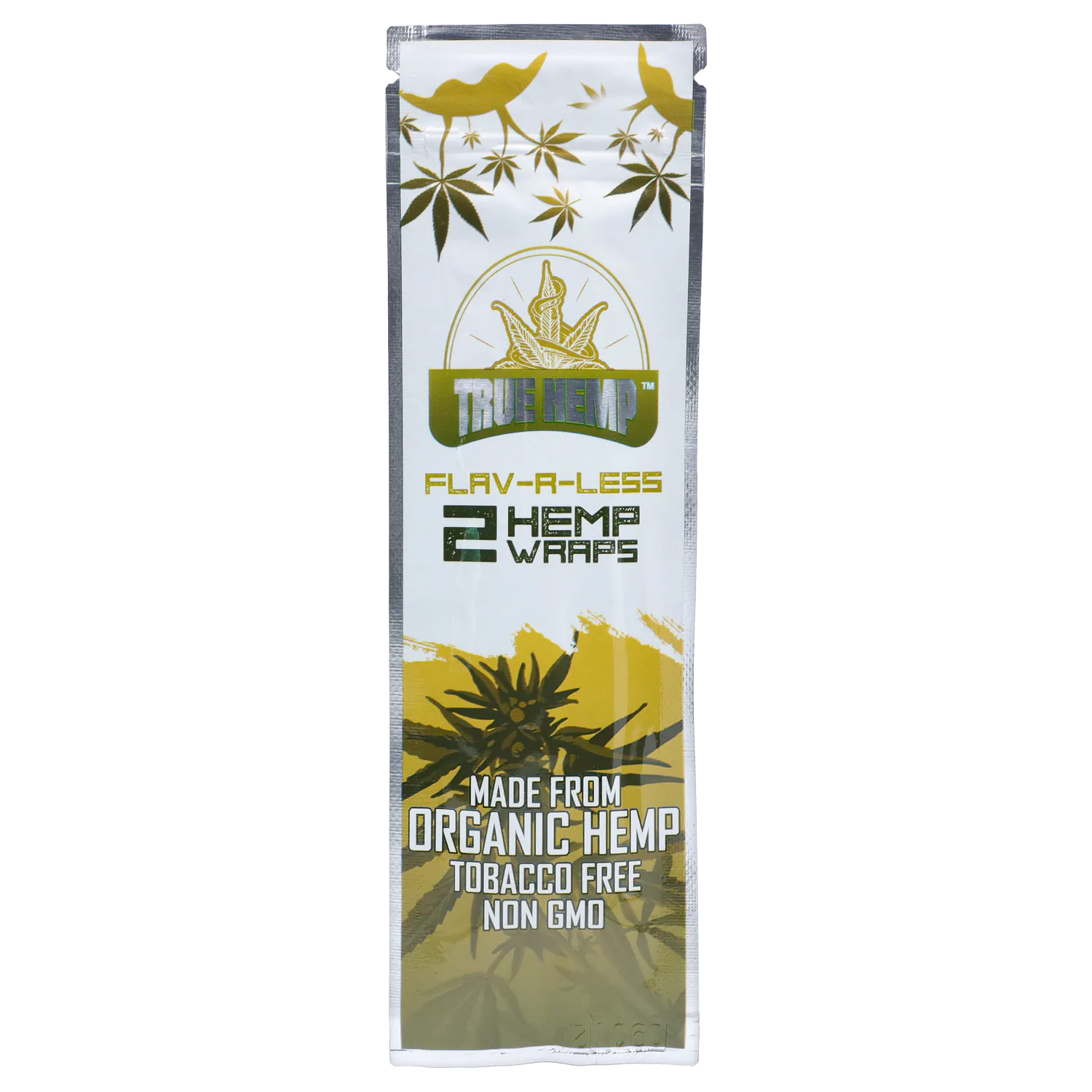Front-facing shot of the True Hemp Organic Wraps Flav-R-Less - 25ct Display Box packaging with gold leaf graphics and bold green logo against a white background