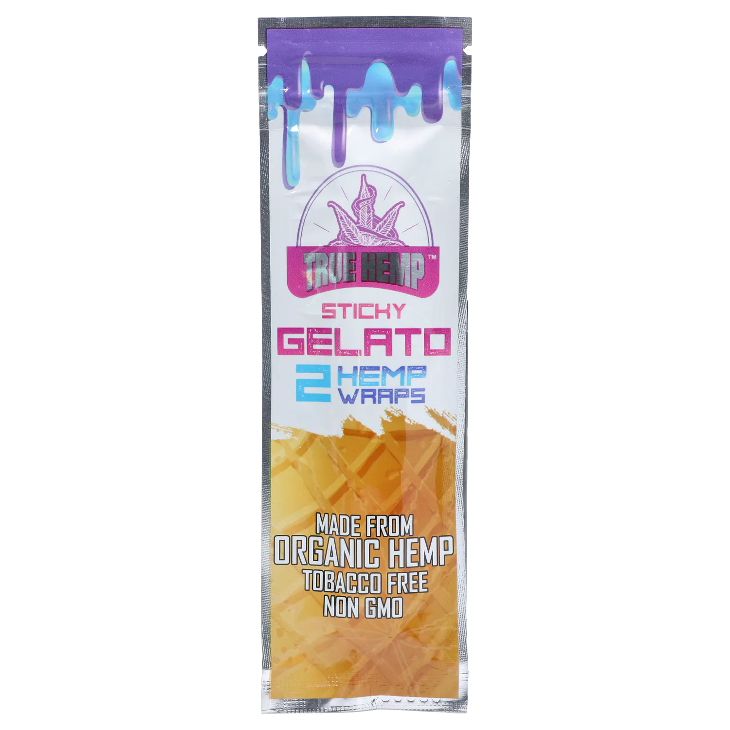 Tall front view of a single True Hemp Organic Wraps Gelato - 25ct Display Box pouch with purple drip art at the top and orange patterned lower panel.
