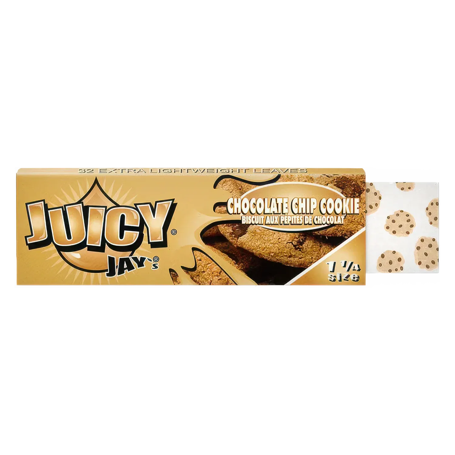 Front-facing image of a gold-toned Juicy Jay's Rolling Papers - Chocolate Chip - 1 ¼ box showing cookie graphics and a peek of patterned papers.