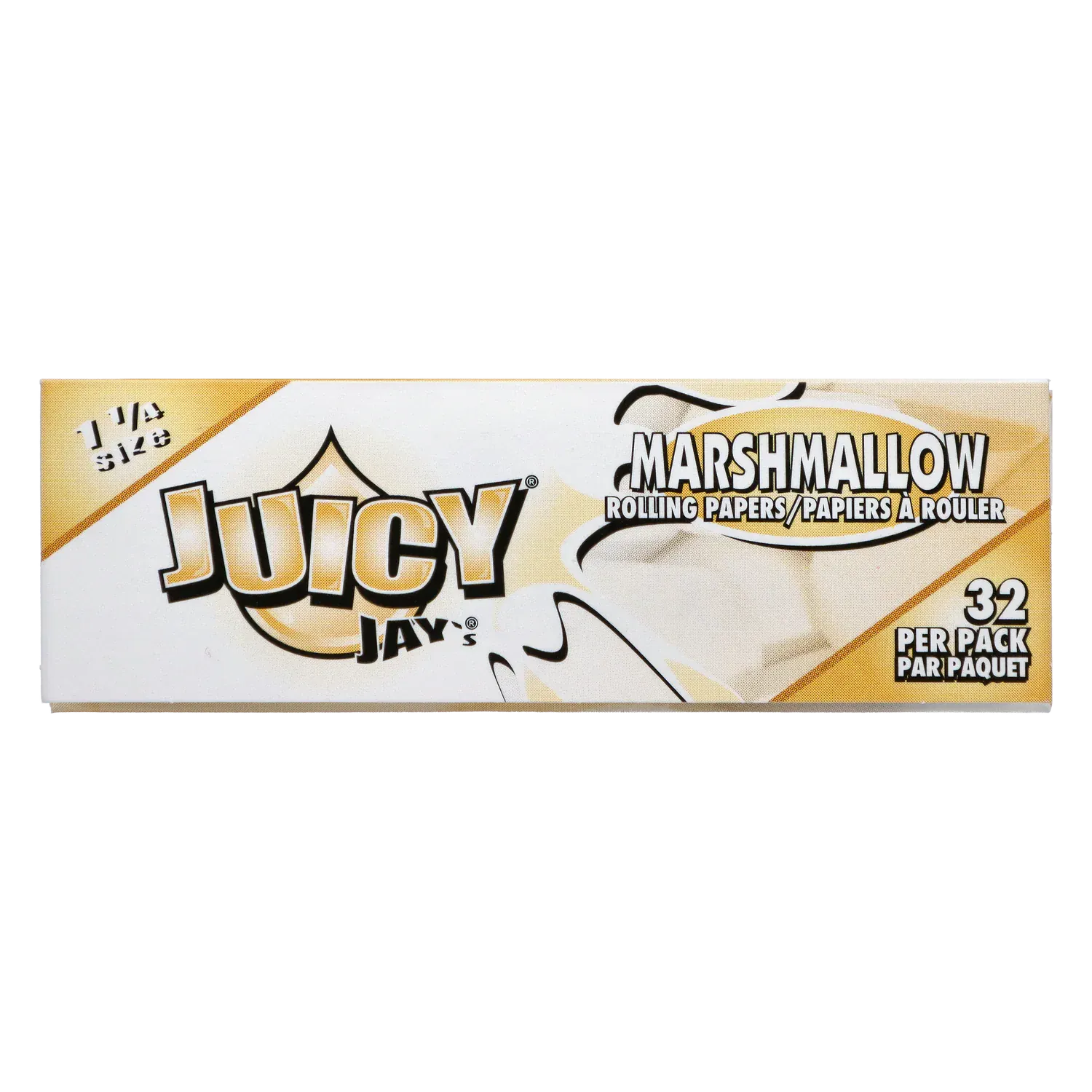 Front-facing shot of a yellow-and-white pack of Juicy Jay's Rolling Papers - Marshmallow - 1 ¼ with bold "JUICY" lettering and "32 per pack" text.