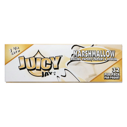 Front-facing shot of a yellow-and-white pack of Juicy Jay's Rolling Papers - Marshmallow - 1 ¼ with bold "JUICY" lettering and "32 per pack" text.