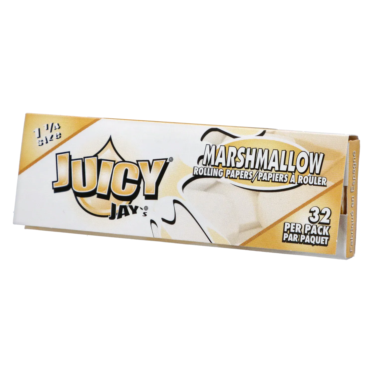 Angled front view of a white and pale yellow box of Juicy Jay's Rolling Papers - Marshmallow - 1 ¼ showing bold "JUICY" lettering and "MARSHMALLOW" flavor text.