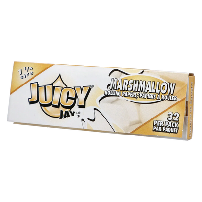 Angled front view of a white and pale yellow box of Juicy Jay's Rolling Papers - Marshmallow - 1 ¼ showing bold "JUICY" lettering and "MARSHMALLOW" flavor text.