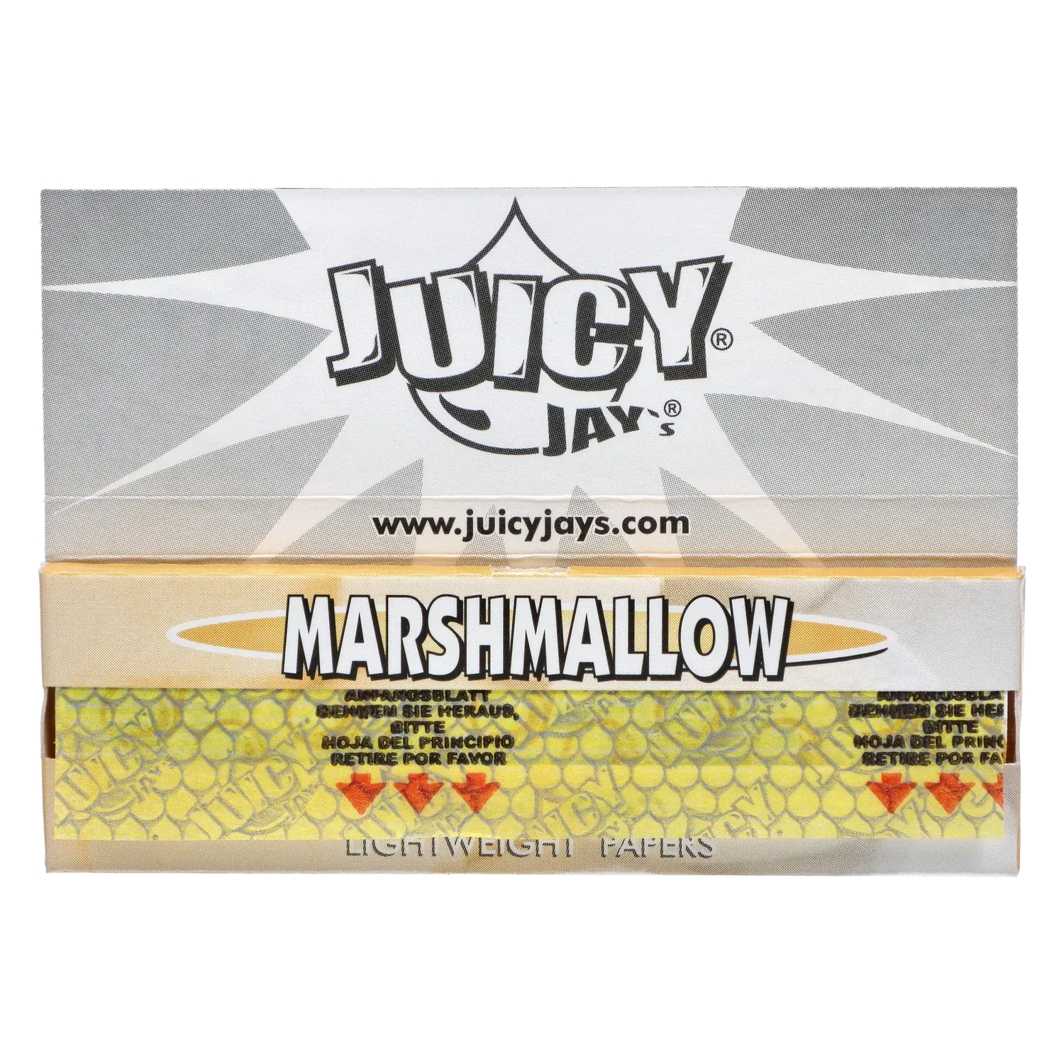 Close-up front view of the Juicy Jay's Rolling Papers - Marshmallow - 1 ¼ display showing the bold "MARSHMALLOW" label above a yellow patterned sheet.