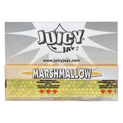 Close-up front view of the Juicy Jay's Rolling Papers - Marshmallow - 1 ¼ display showing the bold "MARSHMALLOW" label above a yellow patterned sheet.
