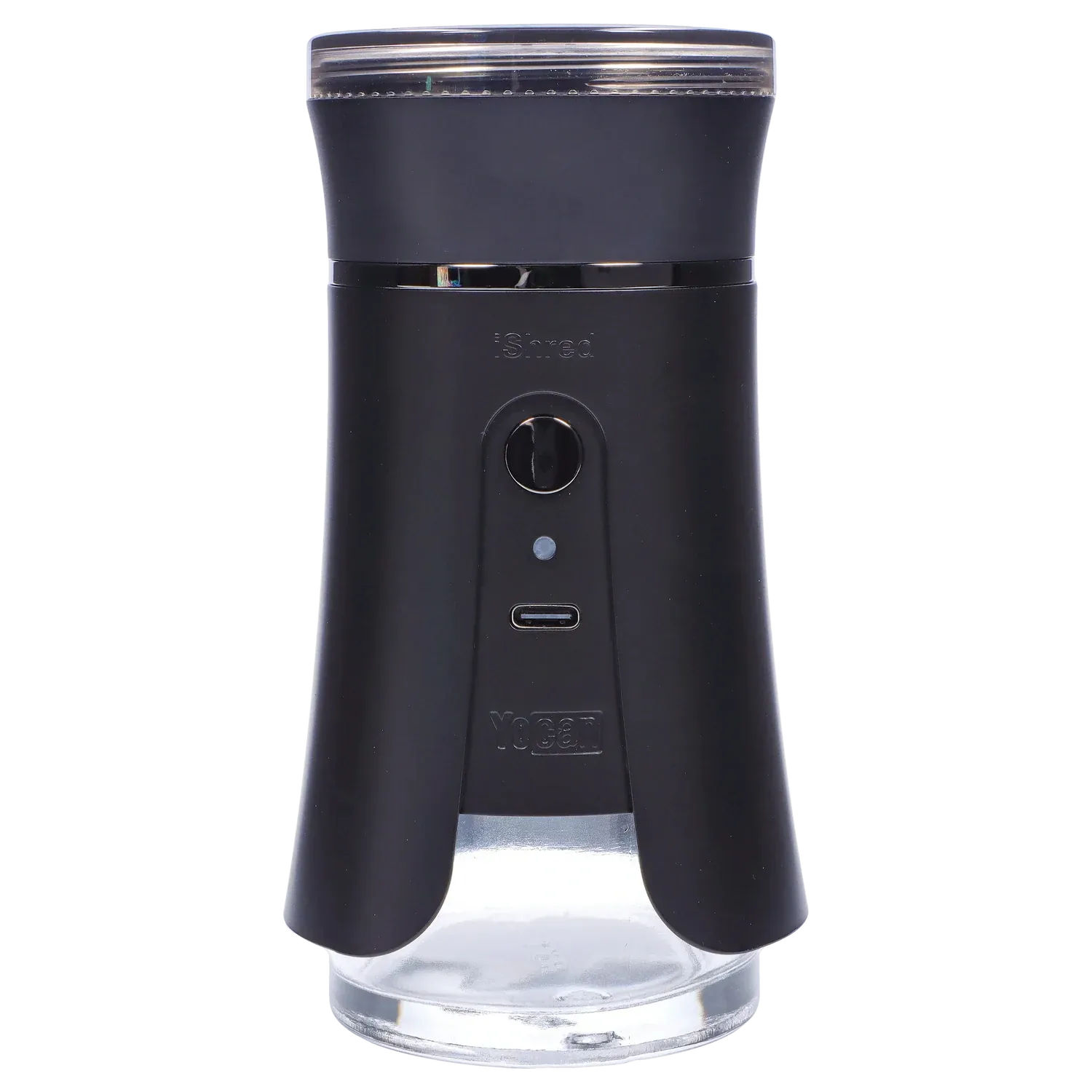 Front-facing studio shot of the Yocan iShred Electronic Grinder – Black showing its matte black body, button, and clear top.