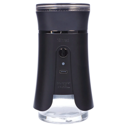 Front-facing studio shot of the Yocan iShred Electronic Grinder – Black showing its matte black body, button, and clear top.