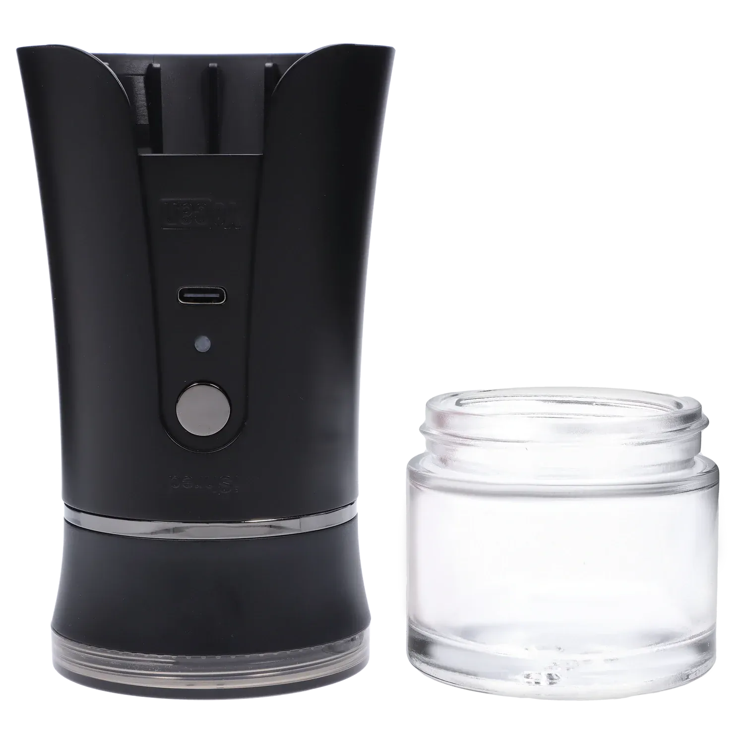 Close-up front view of the black Yocan iShred Electronic Grinder showing its curved upper housing, control button and USB-C port beside a clear glass collection jar.
