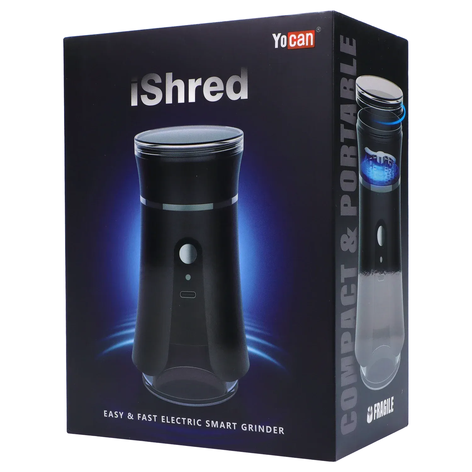 Angled front view of the black Yocan iShred Electronic Grinder box showing the product image with blue glow and side graphic.