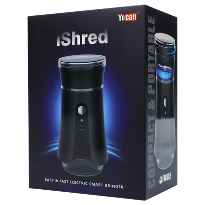 Angled front view of the black Yocan iShred Electronic Grinder box showing the product image with blue glow and side graphic.