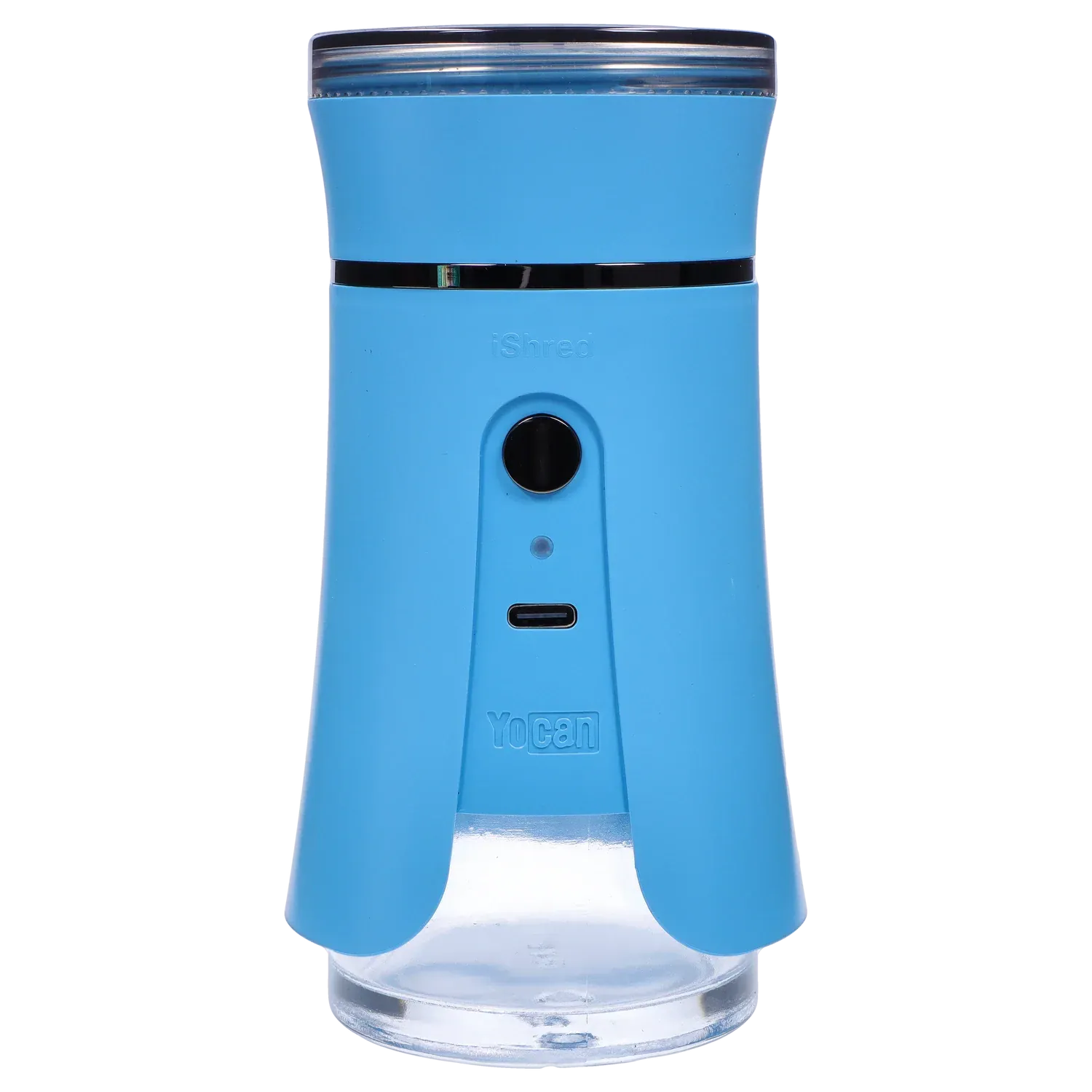Front-facing close-up of the blue Yocan iShred Electronic Grinder showing its rounded top, central power button and USB-C port.