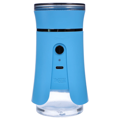 Front-facing close-up of the blue Yocan iShred Electronic Grinder showing its rounded top, central power button and USB-C port.