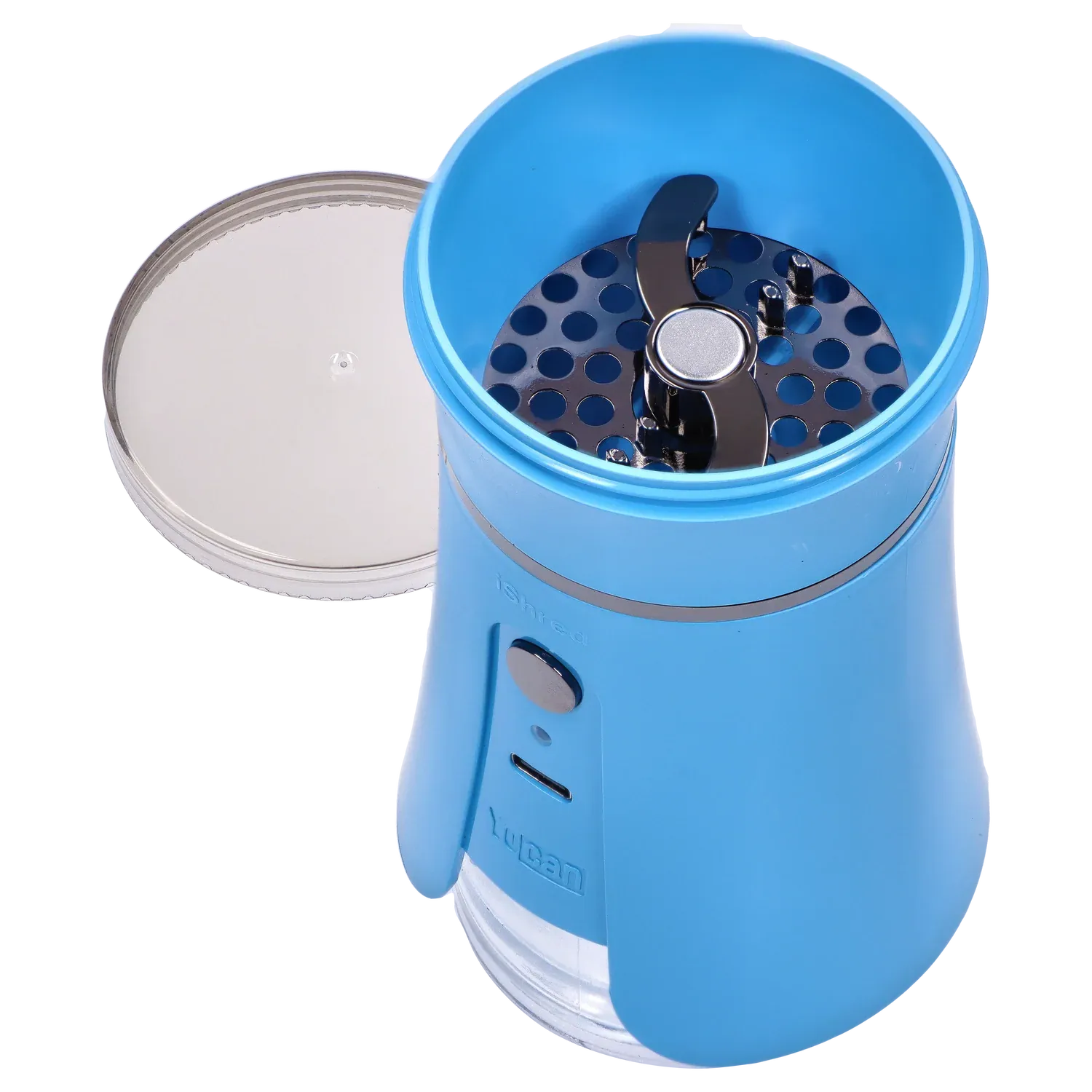 Top-down close-up of the open Yocan iShred Electronic Grinder – Blue showing its metallic dual blades and perforated grinding plate inside the bright blue housing