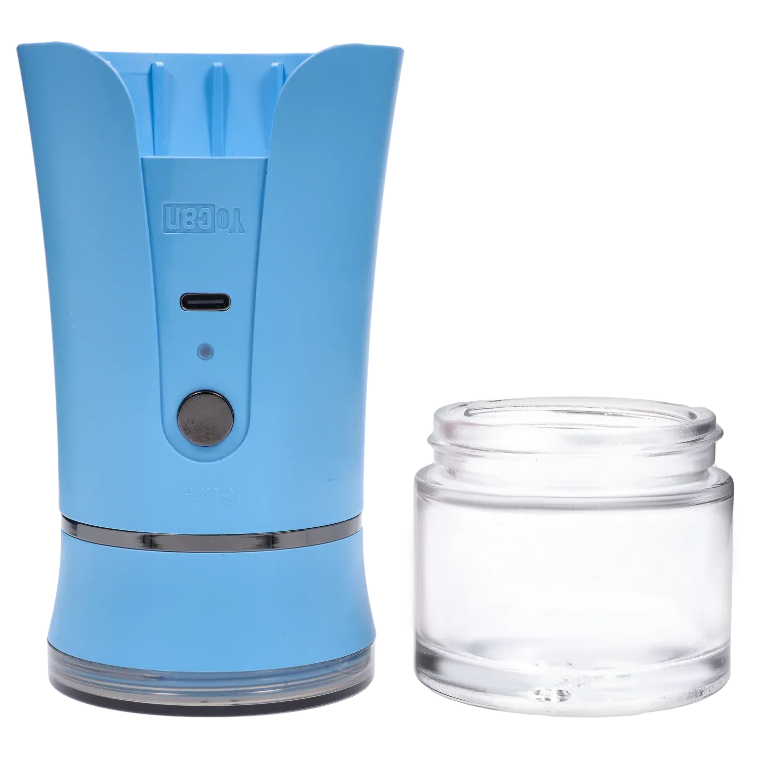 Close-up front view of the blue Yocan iShred Electronic Grinder showing its USB-C port, round button, and a clear glass jar beside it.
