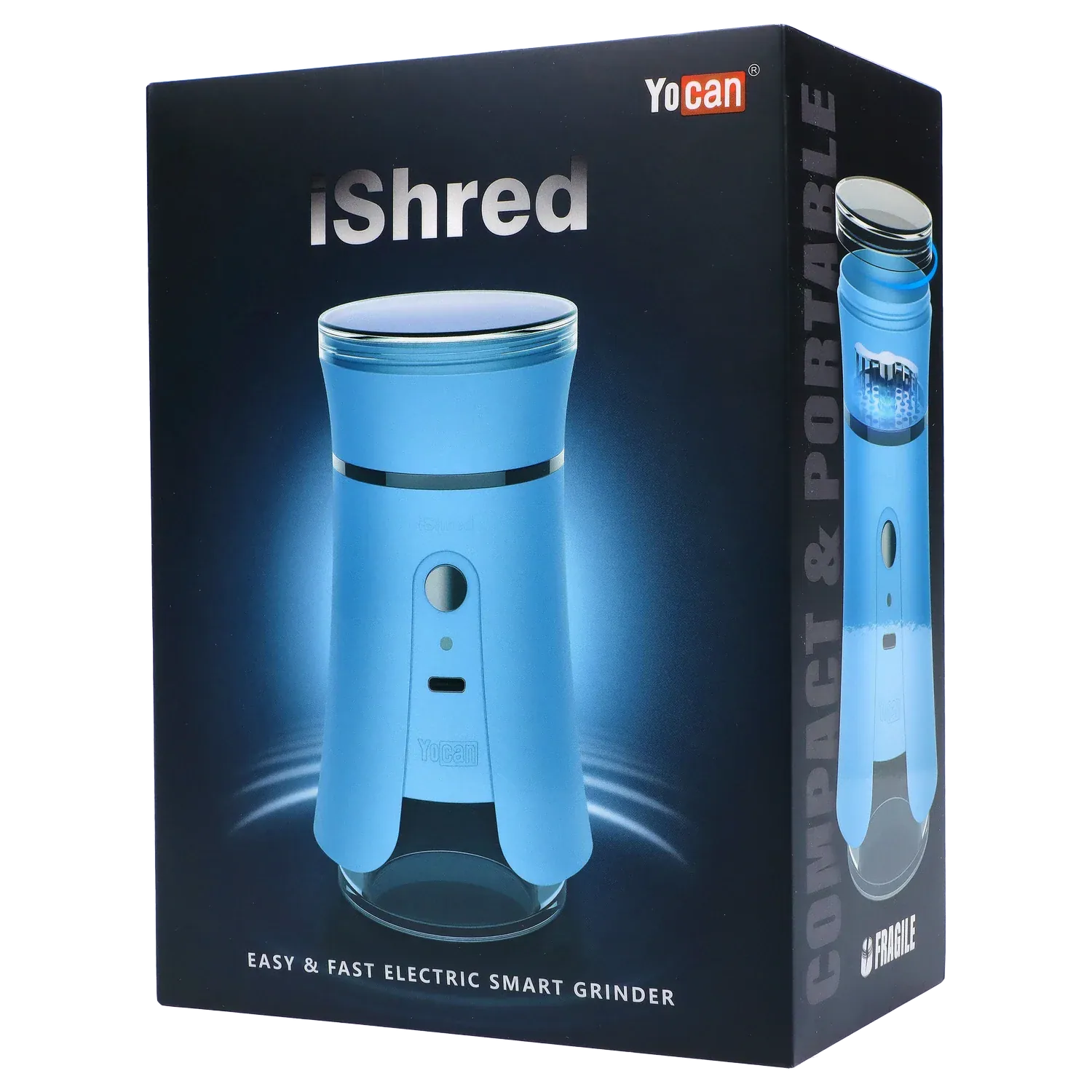 Angled front view of the blue Yocan iShred Electronic Grinder on its dark product box with glossy lighting highlights