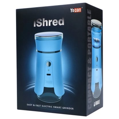 Angled front view of the blue Yocan iShred Electronic Grinder on its dark product box with glossy lighting highlights