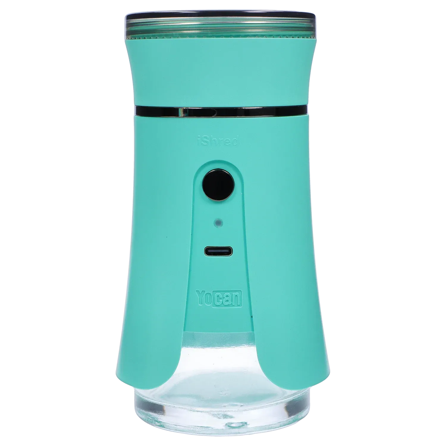 Close-up front view of the green Yocan iShred Electronic Grinder showing its circular power button, USB-C port, and clear lower chamber.